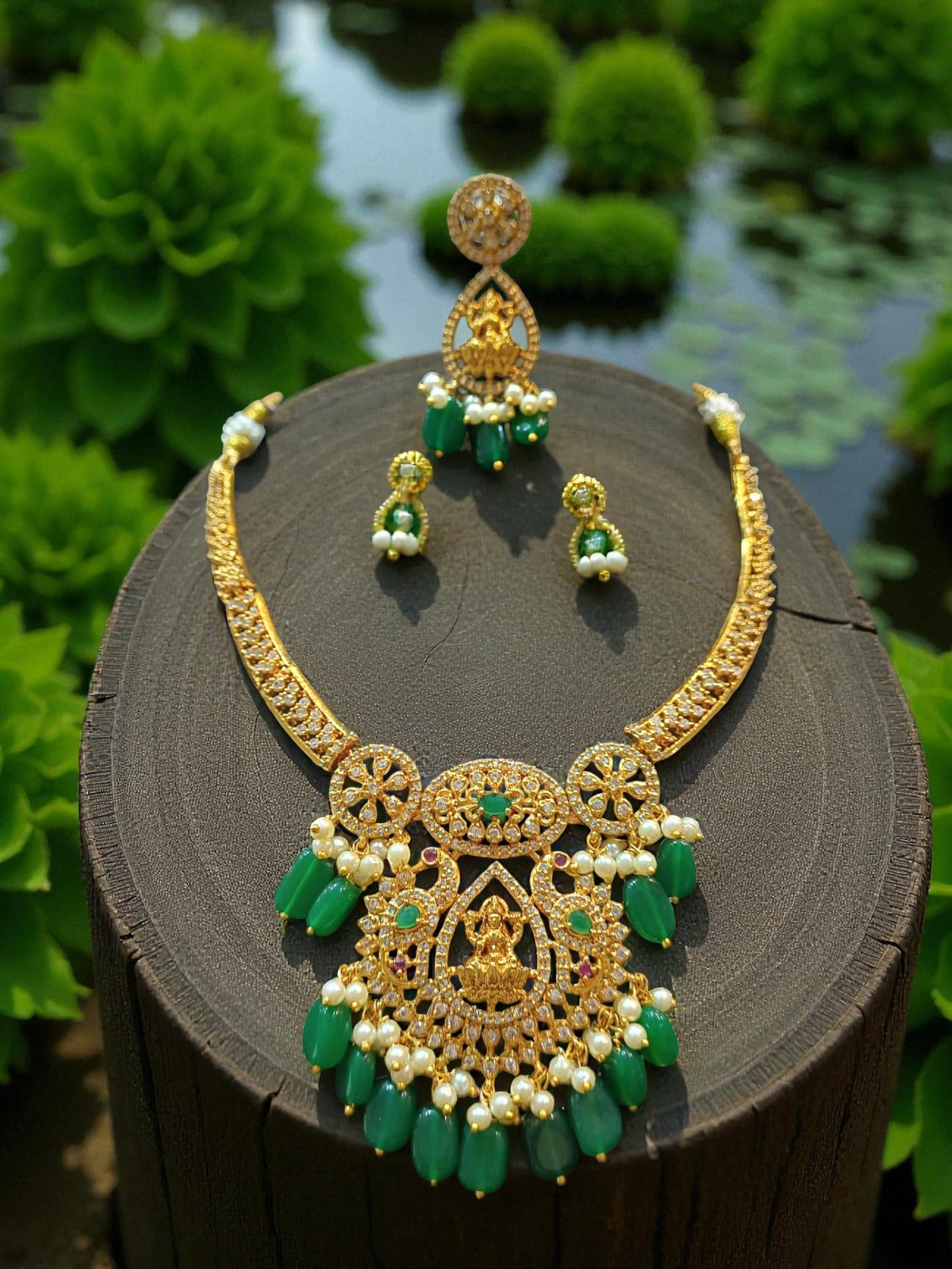 Antique Gold-Plated Lakshmi Temple Necklace Set with Green Beads