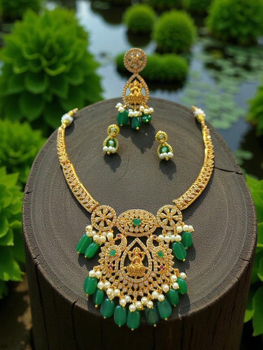 Antique Gold-Plated Lakshmi Temple Necklace Set with Green Beads