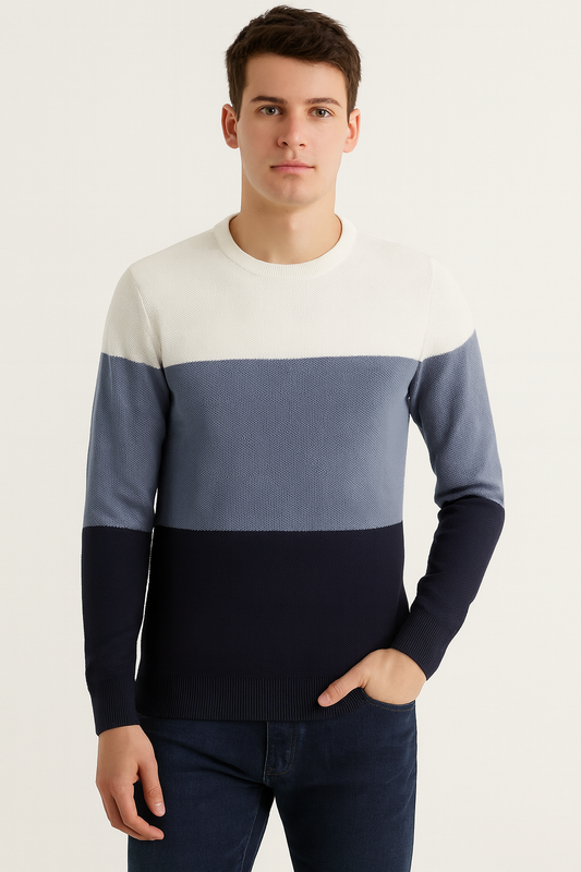 Men’s Color-Block Crew Neck Sweater – White, Blue & Navy