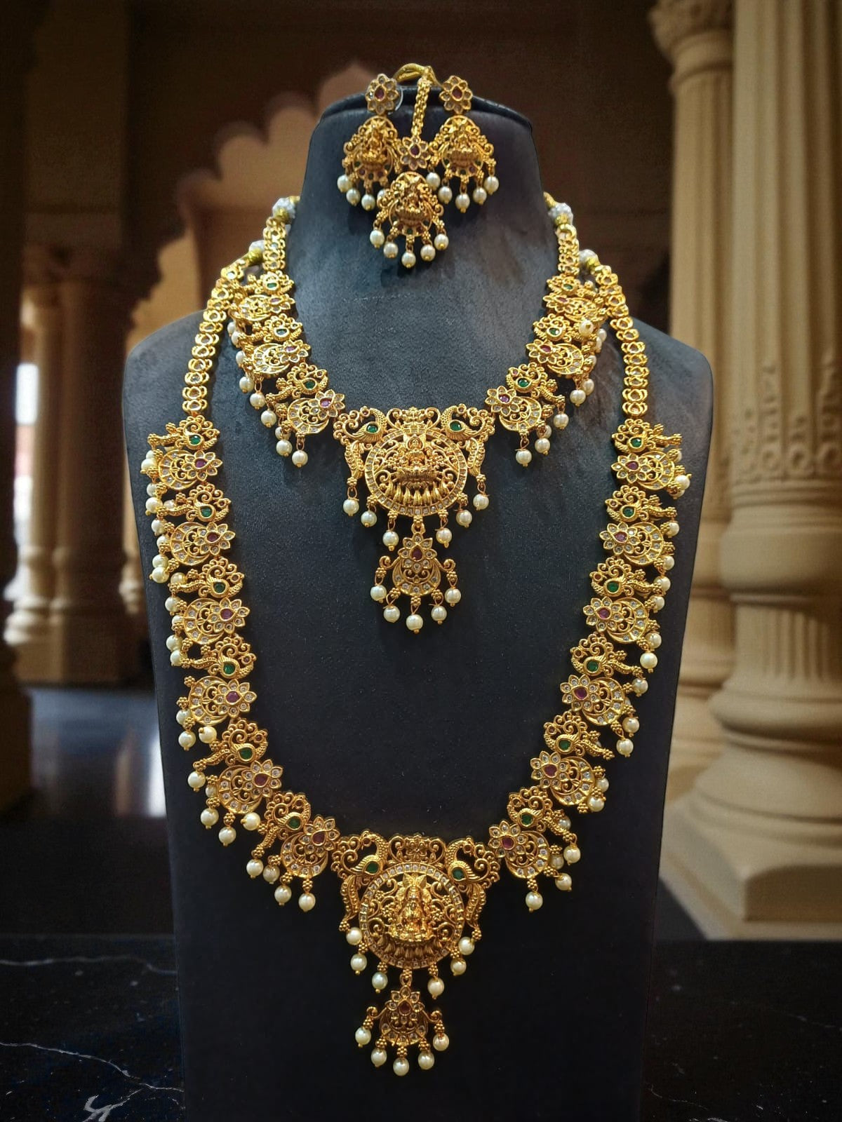 Antique Gold-Plated Lakshmi Temple Necklace Set with Kemp Stones & Pearls
