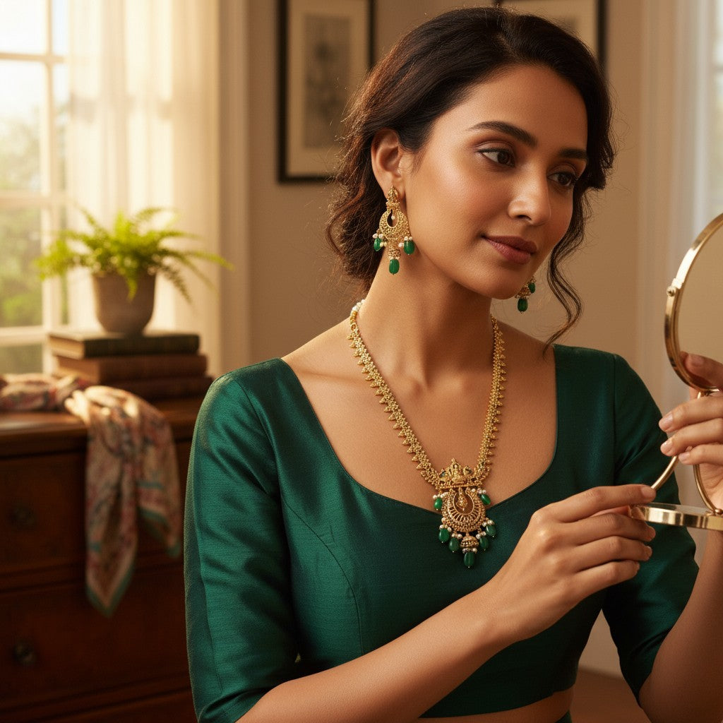 This is a traditional South Indian–style antique gold necklace set featuring intricate temple-inspired craftsmanship.