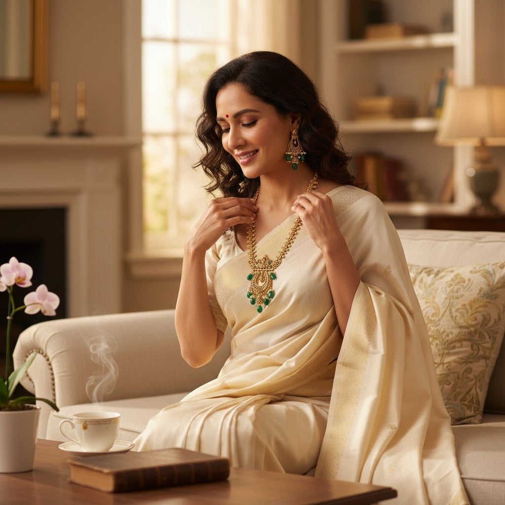 This is a traditional South Indian–style antique gold necklace set featuring intricate temple-inspired craftsmanship.