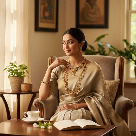 Antique Gold-Plated Lakshmi Temple Necklace Set with Kemp Stones & Pearls