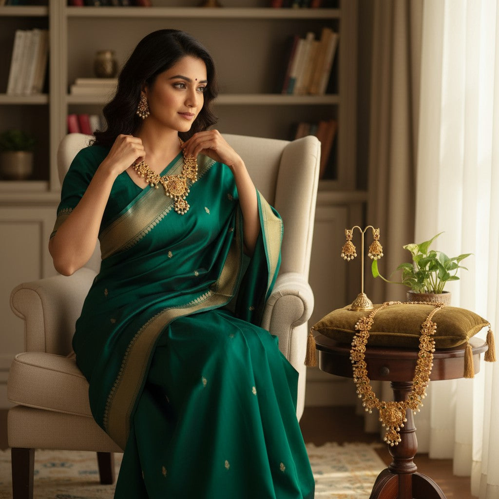 Antique Gold-Plated Lakshmi Temple Necklace Set with Kemp Stones & Pearls