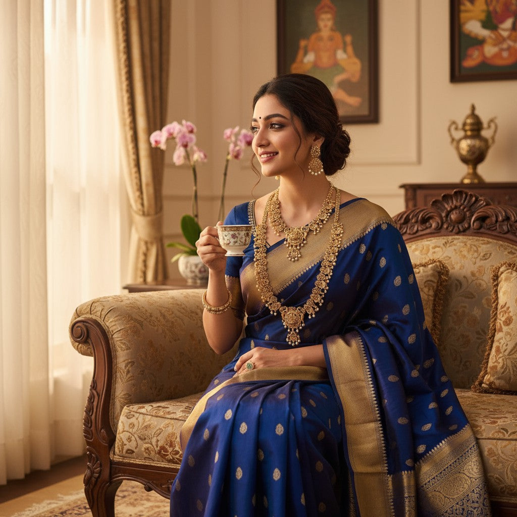 Antique Gold-Plated Lakshmi Temple Necklace Set with Kemp Stones & Pearls