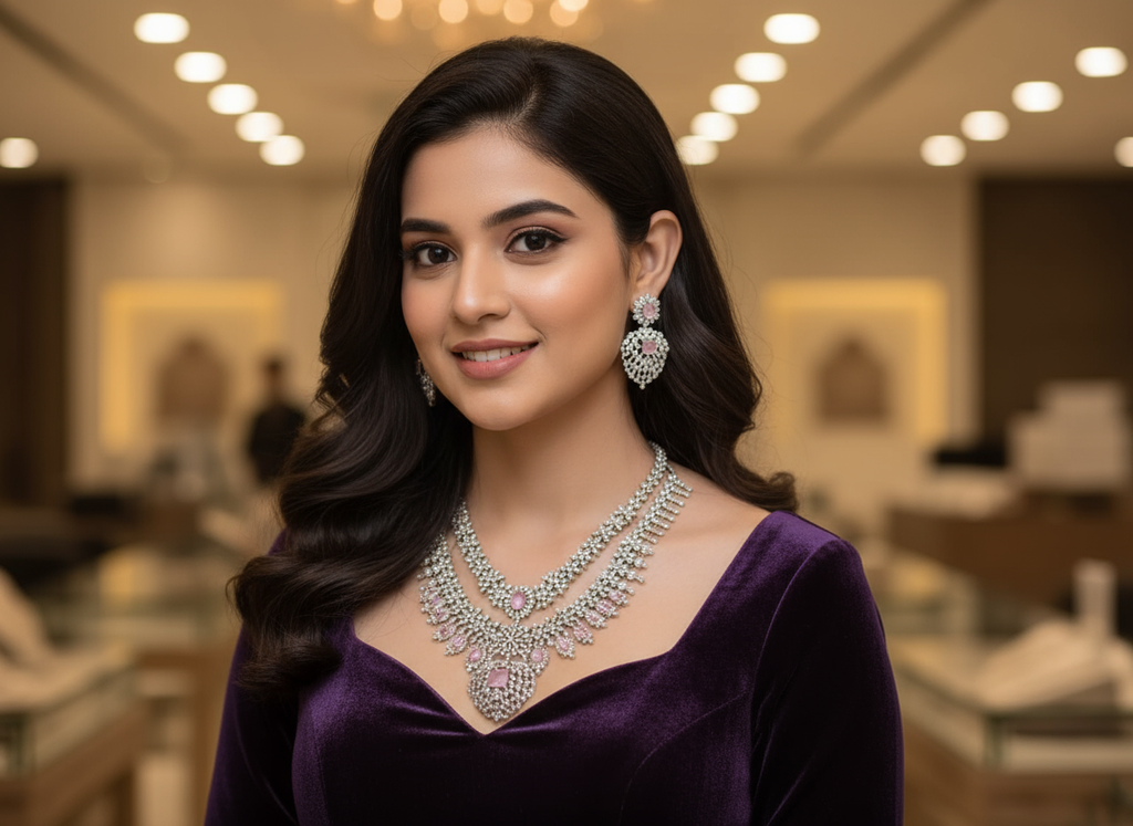 Luxury Silver-Finish Necklace & Earrings Set – Pink Stone Detailing