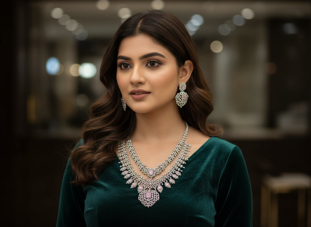 Luxury Silver-Finish Necklace & Earrings Set – Pink Stone Detailing