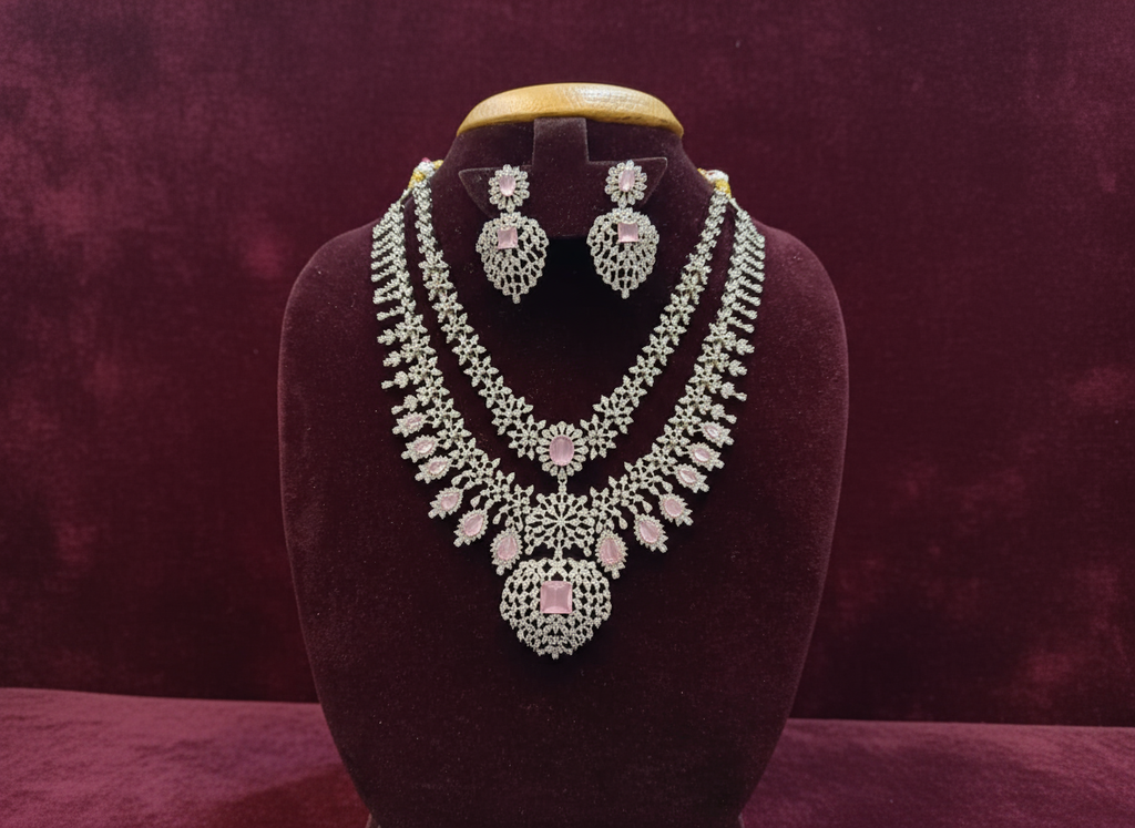 Luxury Silver-Finish Necklace & Earrings Set – Pink Stone Detailing