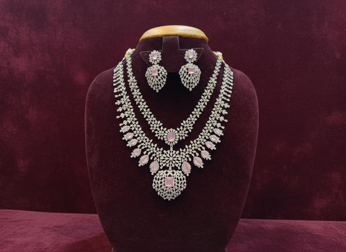 Luxury Silver-Finish Necklace & Earrings Set – Pink Stone Detailing