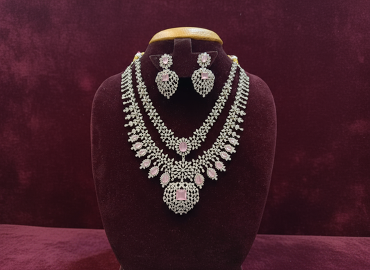 Luxury Silver-Finish Necklace & Earrings Set – Pink Stone Detailing